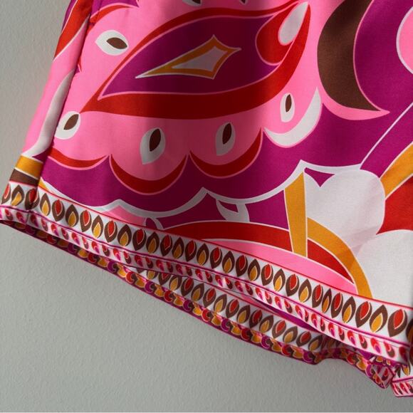 Express Pink and Orange Patterned Set Vibrant Button Down Top elastic tie shorts - Picture 9 of 16